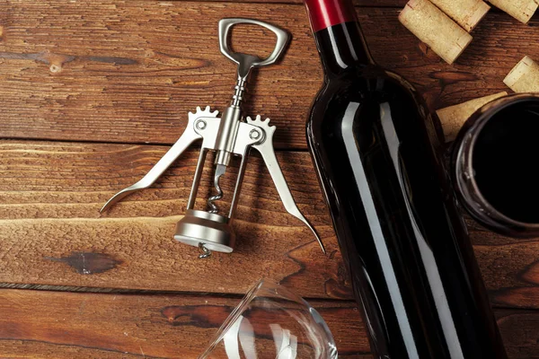 Red Wine Bottle Wine Glass Corkscrew Wooden Table Background — Stock Photo, Image