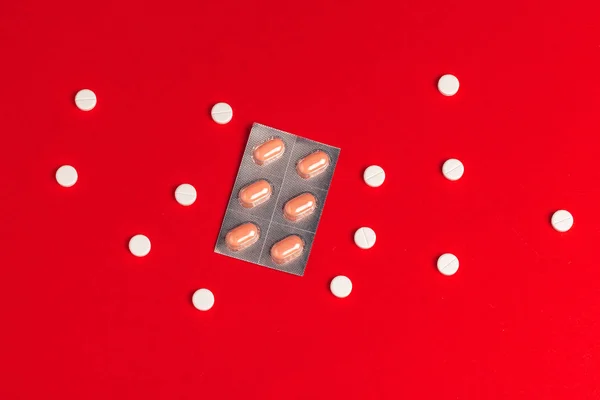 Pills Blisters Red Background Top View Medicine — Stock Photo, Image