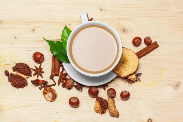 Kaffeetasse Mit Untertasse Auf Einem Hölzernen Hintergrund Von Oben — Stockfoto