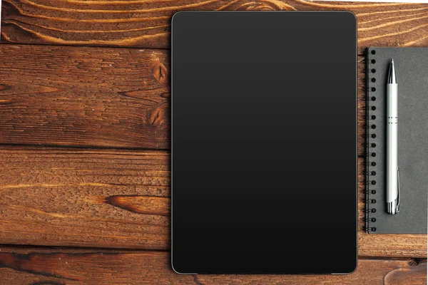Tablet Met Kladblok Houten Achtergrond — Stockfoto