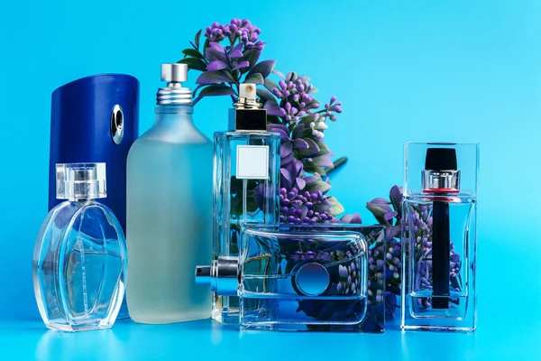 Μπουκάλια Αρωμάτων Λουλούδια Ανοιχτό Μπλε Φόντο — Φωτογραφία Αρχείου