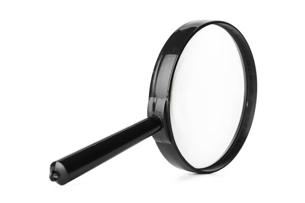 Close up of magnifying glass isolated on white background