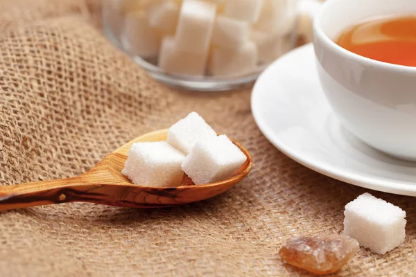 Xícara Vidro Chá Quente Com Açúcar Mesa — Fotografia de Stock