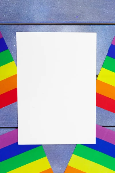 Bright Rainbow Gay Flag Wooden Background Blank Space — Stock Photo, Image