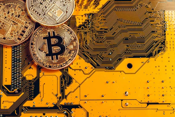 Arka Planda Altın Bitcoin Bilgisayar Çipi — Stok fotoğraf