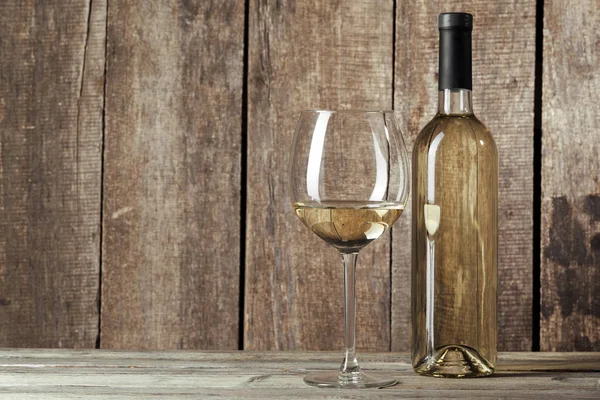 Wine Bottles Glass Wooden Background — Stock Photo, Image