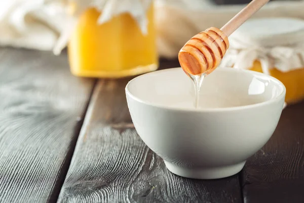 Honung Bakgrund Söt Honung Glasburk Trä Bakgrund — Stockfoto