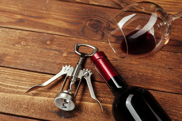 Red Wine Bottle Wine Glass Corkscrew Wooden Table Background — Stock Photo, Image
