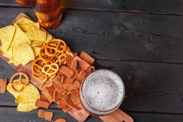 Lager Beer Snacks Wooden Table Nuts Chips Pretzel — Stock Photo, Image