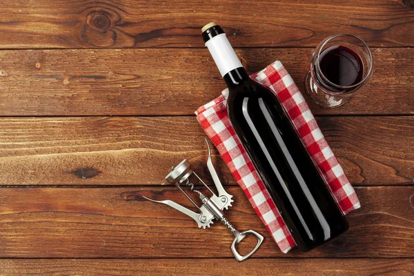 Red Wine Bottle Wine Glass Corkscrew Wooden Table Background — Stock Photo, Image