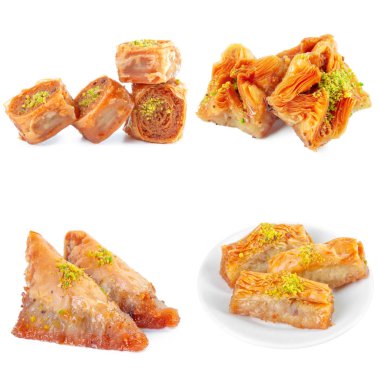 Lezzetli Türk tatlıları kolajı beyaza izole edilmiş. 