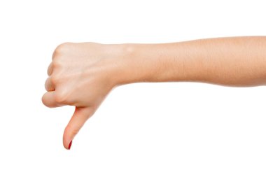 Kadın el aşağı beyaz arka plan, negatif kavram üzerinde izole başparmak gösterir