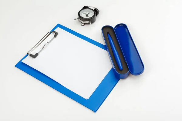 Blue Clipboard Office Table Top View Flat Lay — Stock Photo, Image