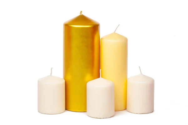 Velas Coloridas Douradas Brancas Isoladas Fundo Branco — Fotografia de Stock