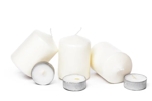 White Wax Candles Lights Isolated White Background — Stock Photo, Image