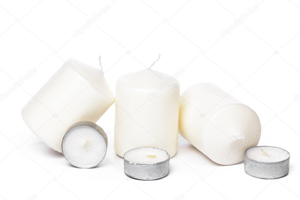 White Wax Candles Lights Isolated on White Background