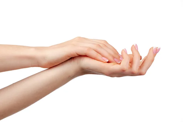 Mãos femininas bem tratadas com manicure no fundo branco — Fotografia de Stock