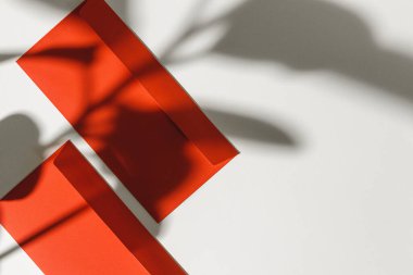 Kağıt zarf beyaz arkaplanda, yaprak gölgesi, üst görünüm