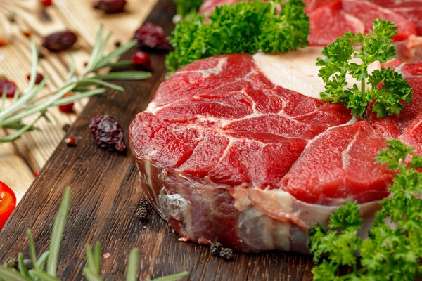 Raw meat slice for grill with seasoning Stock Picture