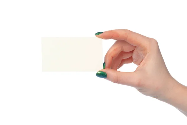 Женская рука с белым бумажным баннером, изолированным на белом — стоковое фото
