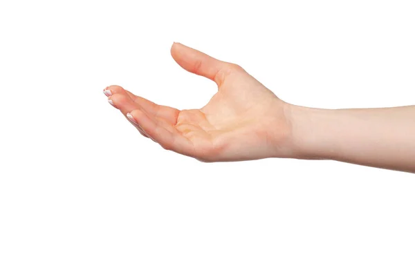 Γυναικείο χέρι που δείχνει σημάδι επαιτείας ή προσφορά — Φωτογραφία Αρχείου