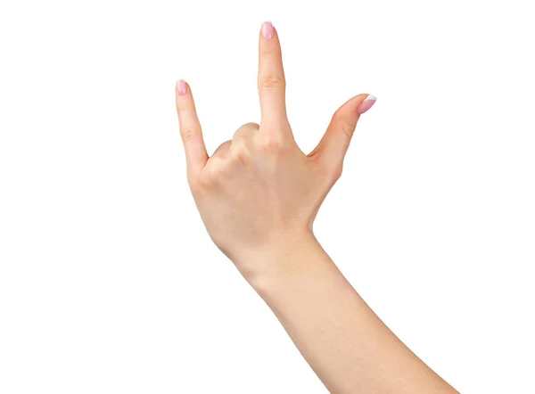 Жіноча рука, що показує скельний знак ізольовано на білому — стокове фото