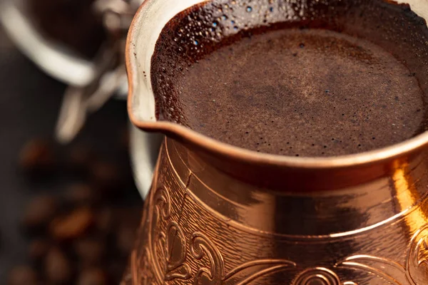 Turkish coffee with foam in copper turk — Stock Photo, Image