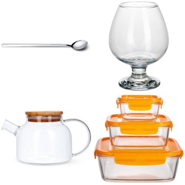 Beyaz arkaplanda çanak çömlek ve çatal bıçak kolajı