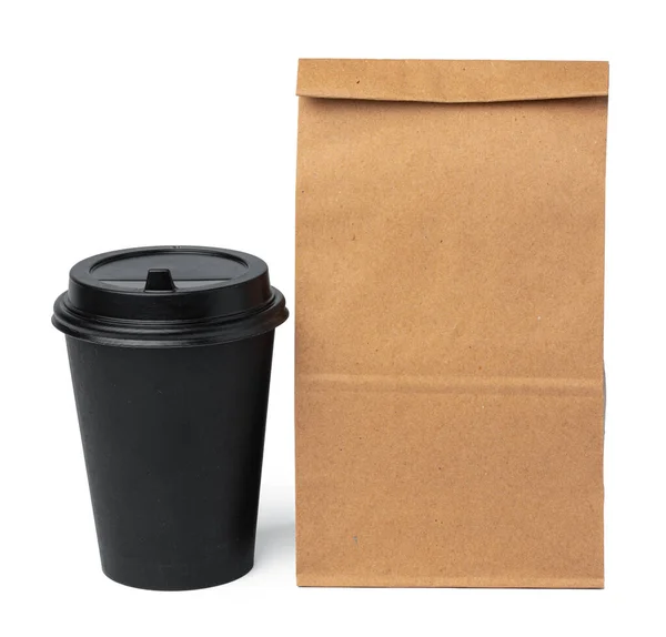 Craft paper bag with coffee cup on white background — Stock Photo, Image