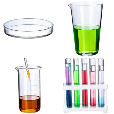 Beyaz arkaplanda laboratuvar cam kolajı