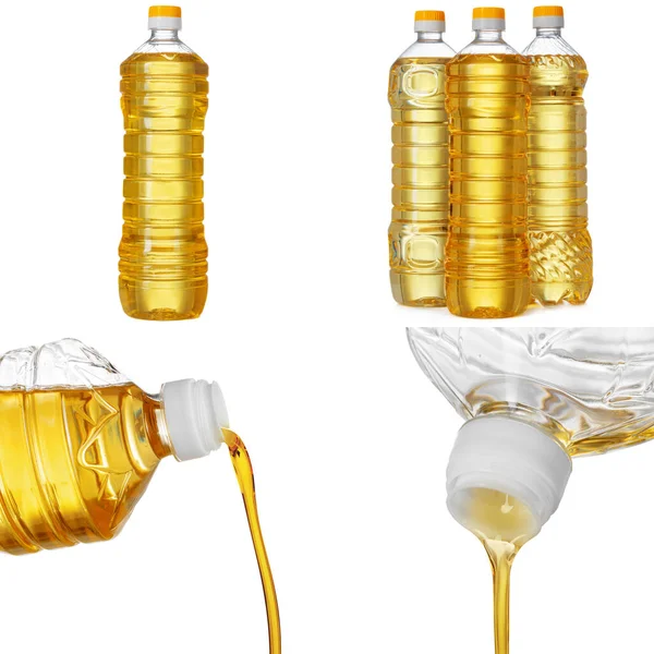 Sunflower oil bottles collage on white background — Stock Photo, Image