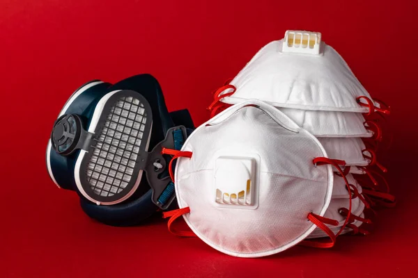 Respirator half mask with medical face mask. Health protection concept