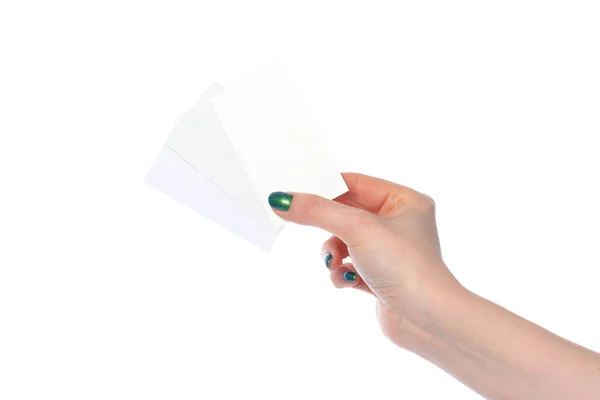 Womans hand showing white paper banner isolated on white — Stock Photo, Image