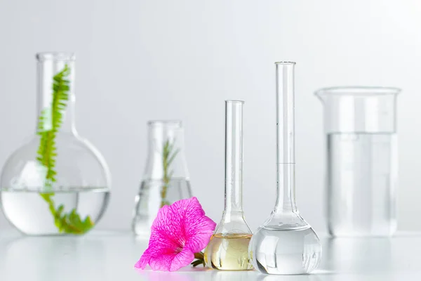 Impianti in vetreria da laboratorio. Prodotti per la cura della pelle e farmaci concetto di ricerca chimica — Foto Stock