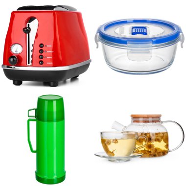 Beyaz arkaplanda tost makinesi ve çanak çömlek kolajı