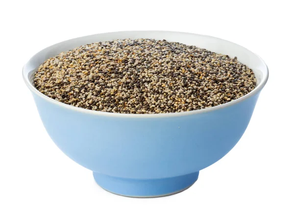 Tigela com sementes de chia isoladas em branco — Fotografia de Stock