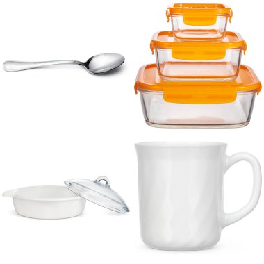 Beyaz arkaplanda çanak çömlek ve çatal bıçak kolajı