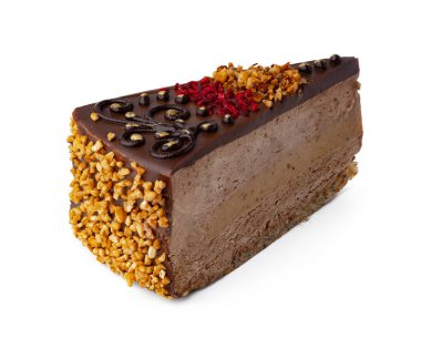 Beyaz üzerine izole edilmiş bir parça çikolatalı kek.