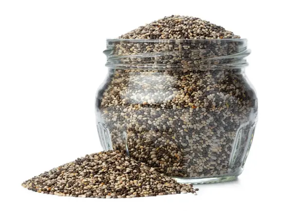 Vaso con semi di chia isolato su bianco — Foto Stock