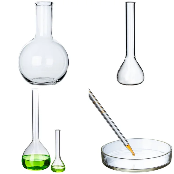 Kolaż szkła laboratoryjnego na białym tle — Zdjęcie stockowe