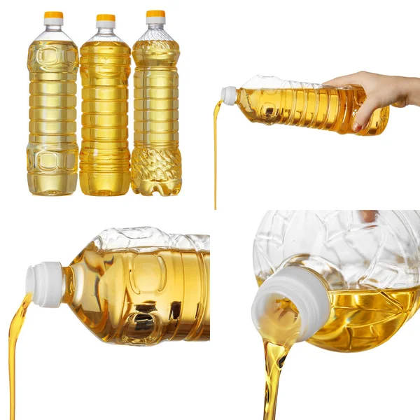 Zonnebloemolie flessen collage op witte achtergrond — Stockfoto