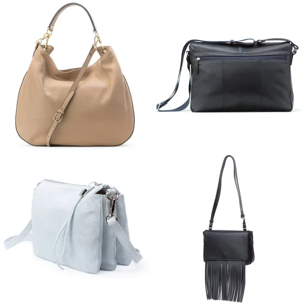 Collage av kvinnliga handväskor på vit bakgrund — Stockfoto