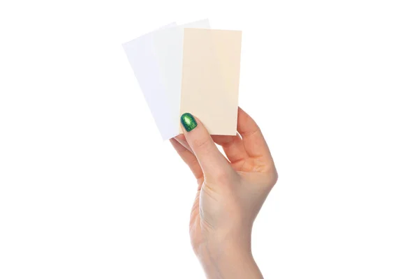 Hantverk papper kort i kvinnlig hand isolerad på vit — Stockfoto