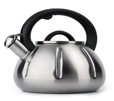 Gaz sobası için metal çaydanlık beyaz tencerede izole edilmiş.