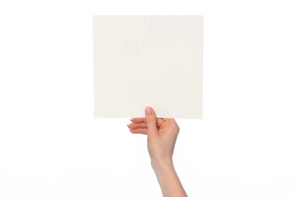 Womans hand showing white paper banner isolated on white — Stock Photo, Image