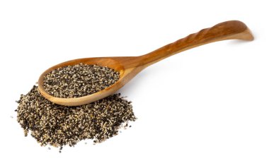 Beyaz üzerine izole Chia tohumları ile Spoom