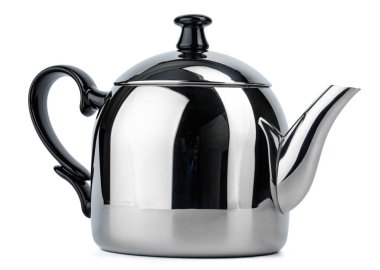 Gaz sobası için metal çaydanlık beyaz tencerede izole edilmiş.