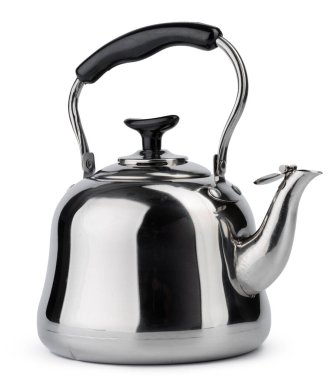 Gaz sobası için metal çaydanlık beyaz tencerede izole edilmiş.