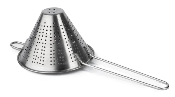 New metal kitchen colander isolated on white — Stock Photo, Image