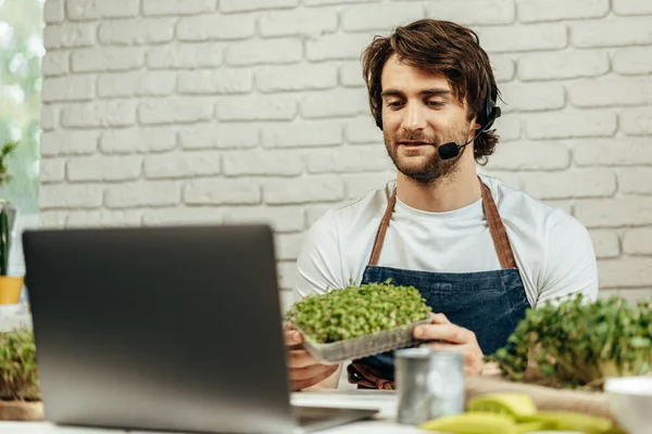 Handsome bearded man sells plant sprouts and seedlings online using laptop